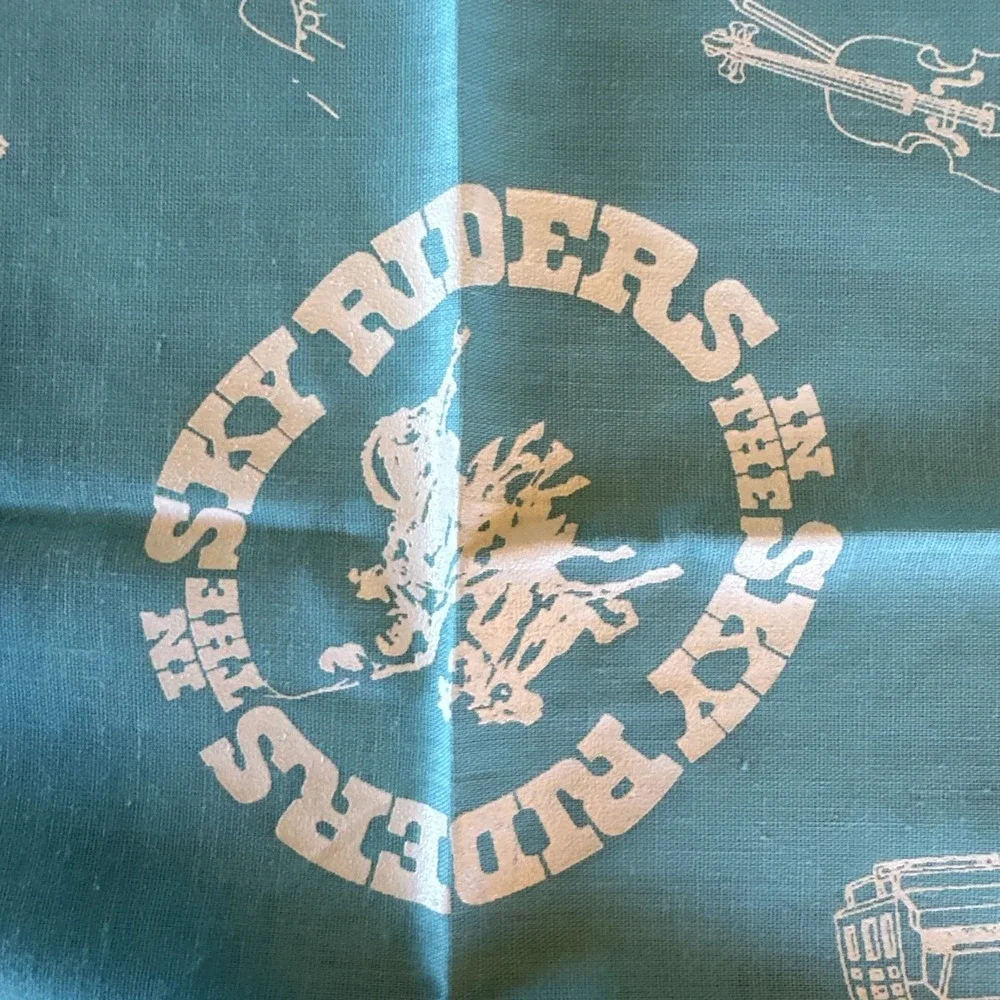 Vtg Riders In The Sky Western Bandana Turquoise White Cowboy Rodeo Handkerchief